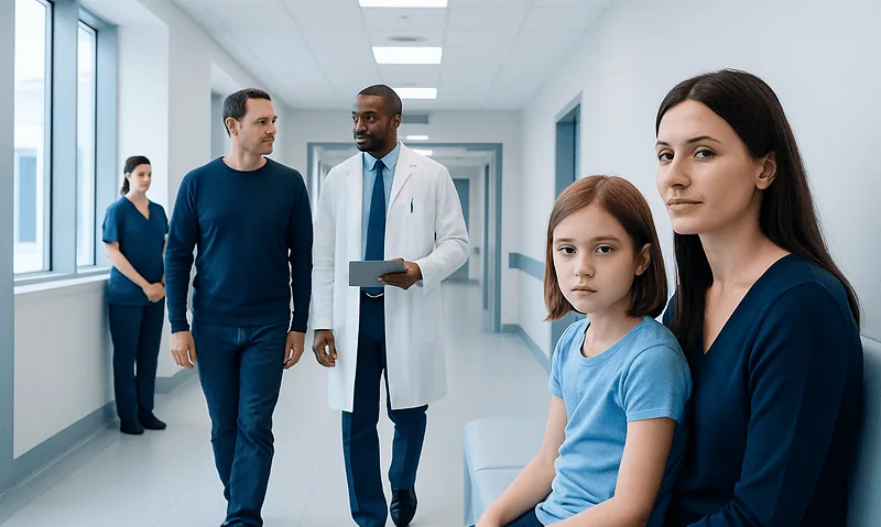 Doctor consulting with young girl and her mother in hospital corridor.
