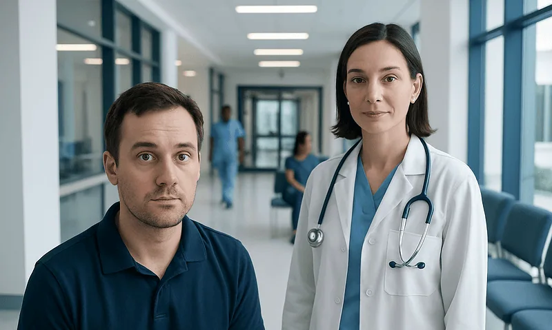 Doctor and patient in hospital corridor, healthcare professionals at Acibadem Hospitals Group.