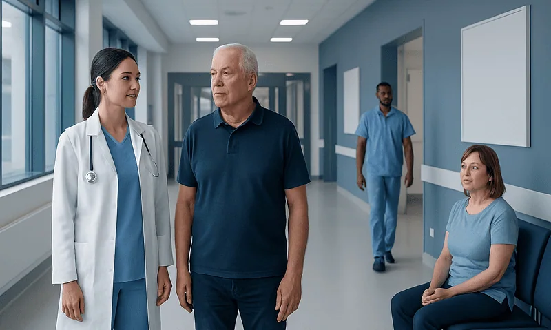 LDL Cholesterol Blood Test: What Low and High Levels Mean — and What to Do Next 14 Doctor talking to patient in hospital corridor with staff in background.