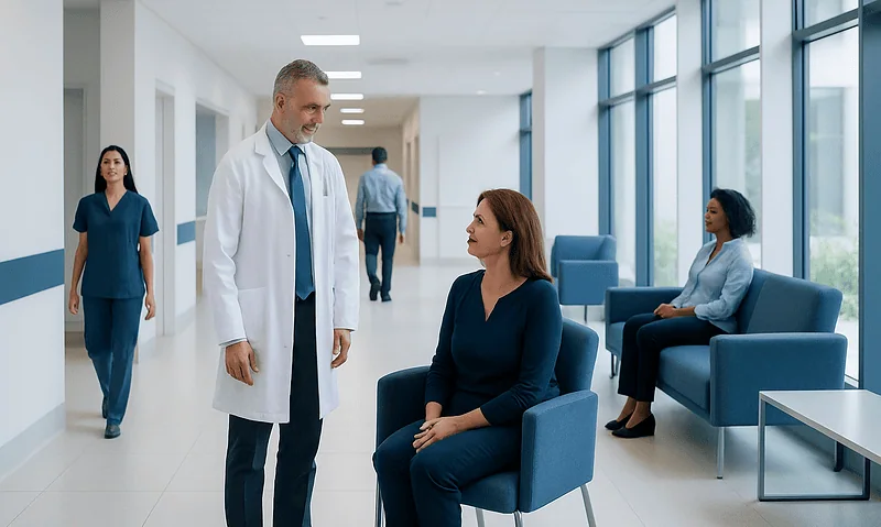 Doctor talking to a patient in a hospital corridor with other patients nearby.