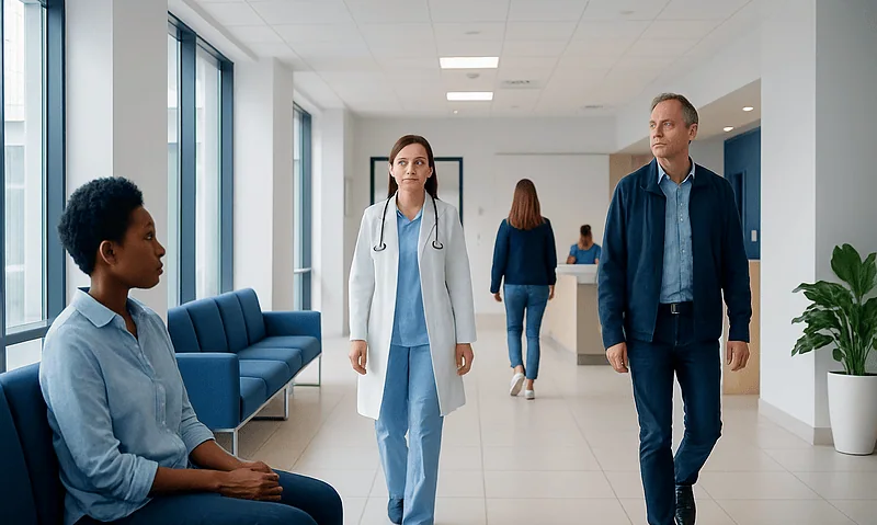 Hospital corridor with medical staff and patient in waiting area.