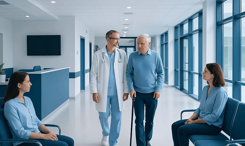 Leaking Atomic Fluid — Explained by Medical Evidence, Not Myths 8 Doctor consulting with elderly patient in hospital corridor.