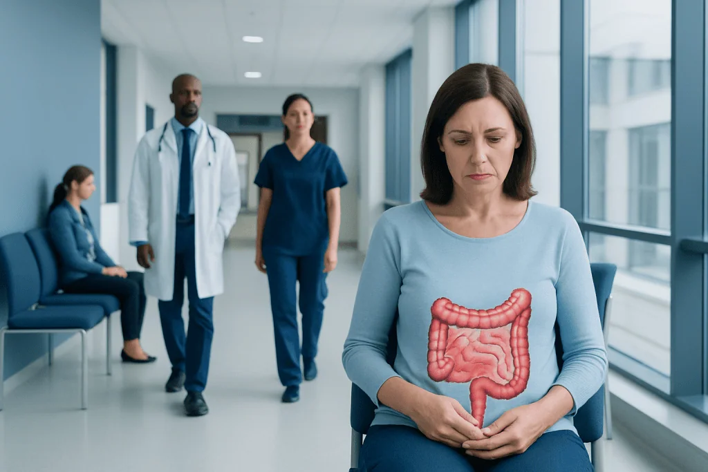 Leaking intestines symptoms: A Complete Medical Guide for Patients 1 Woman with stomach pain holding her abdomen in hospital corridor.