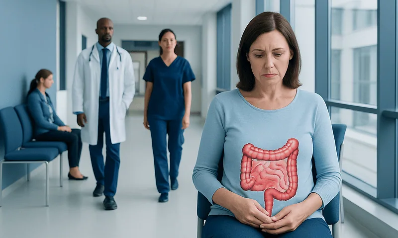Woman with stomach pain holding her abdomen in hospital corridor.