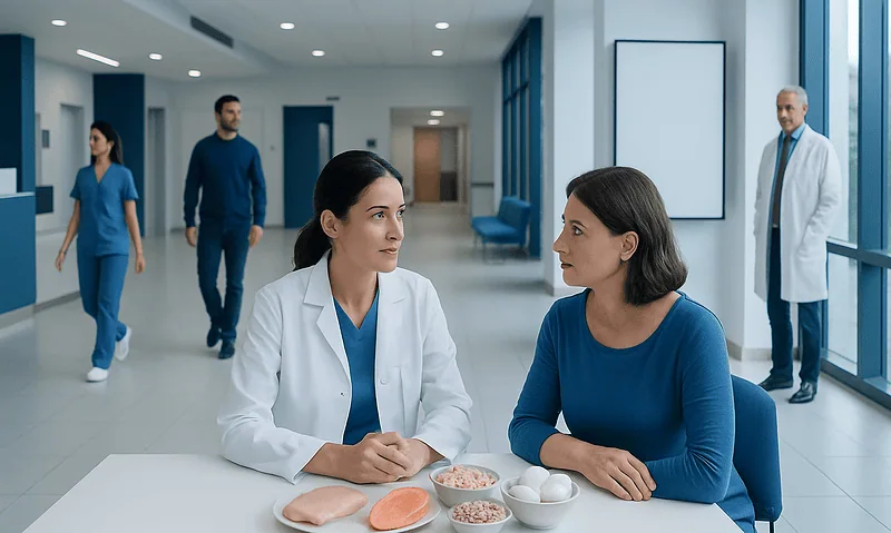 Medical professionals discussing patient care in a hospital corridor.
