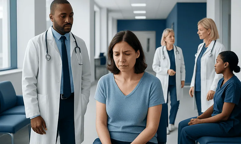 Patient in hospital gown with medical staff in a hospital corridor.
