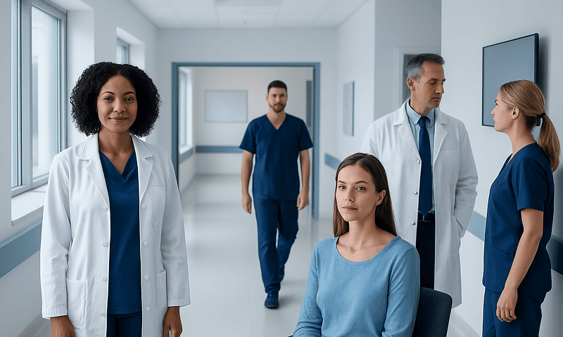 Medical team in hospital corridor with patient and staff members.