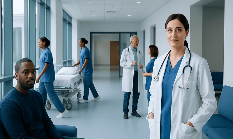 Healthcare professionals and patients in a modern hospital corridor.
