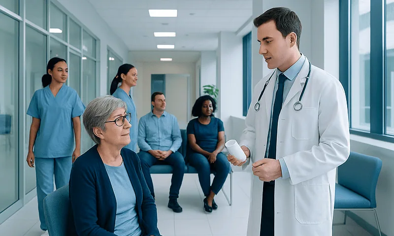 Doctor consulting elderly patient in hospital corridor with staff in background.