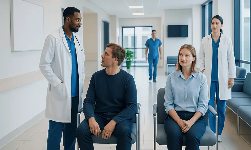 Medical team consulting with patients in a hospital corridor.