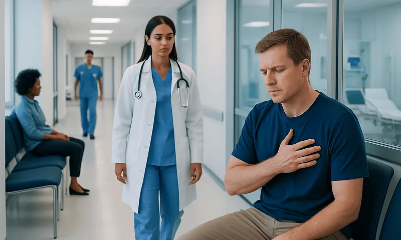Left arm going numb: A Complete Medical Guide for Patients 3 Patient experiencing chest discomfort in hospital corridor with medical staff nearby.