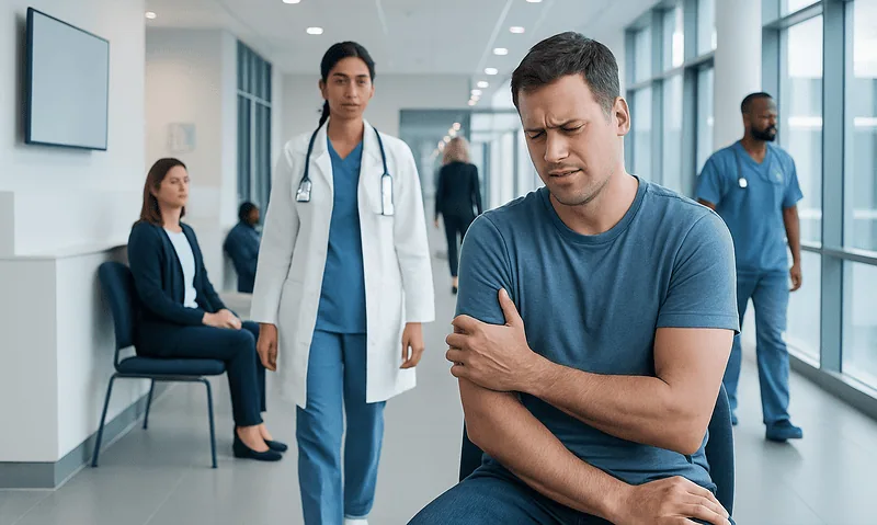 Patient with arm pain in hospital corridor with medical staff nearby.