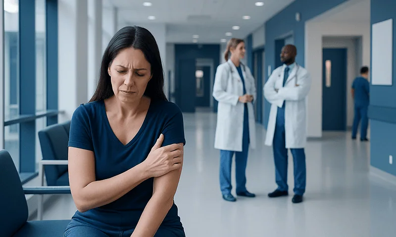 Woman experiencing arm pain in hospital corridor with doctors in background.