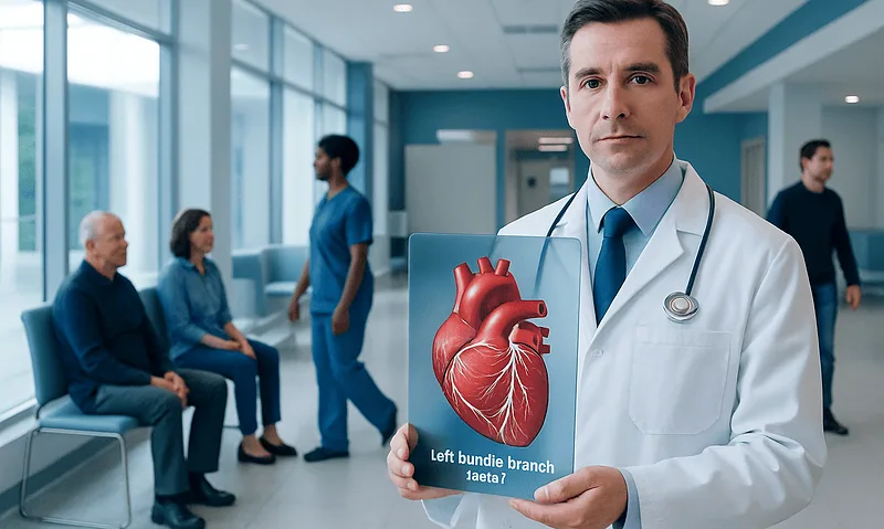 Doctor holding heart diagram in hospital setting for cardiac health awareness.
