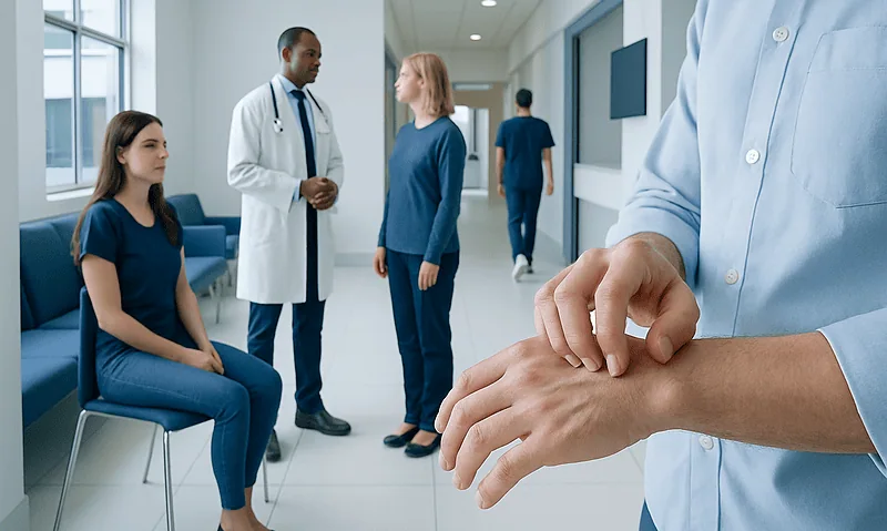 Patient with hand itching consulting doctor in hospital corridor.