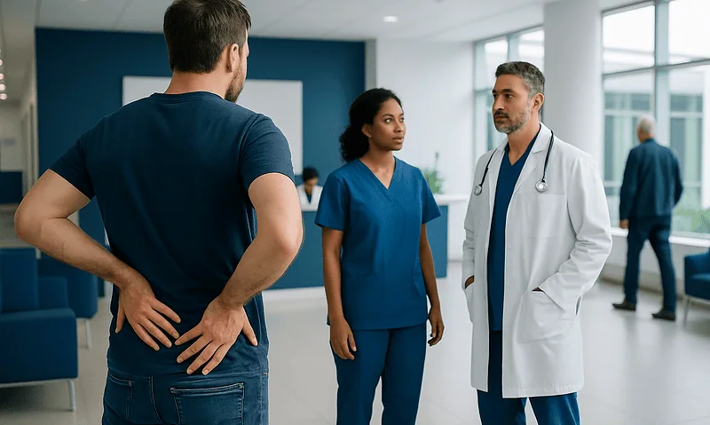 Patient consulting with healthcare professionals in a hospital setting.