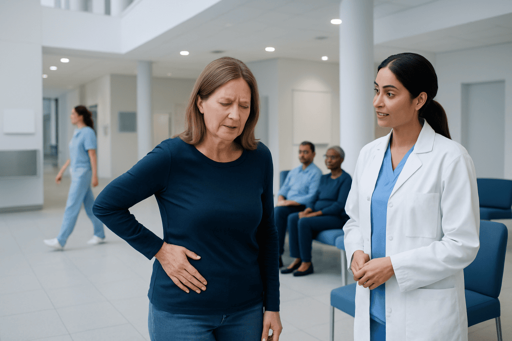 Left Side Pain Above Hip: Possible Causes and When to Seek Care 1 Woman experiencing pain consults with a healthcare professional in a hospital.