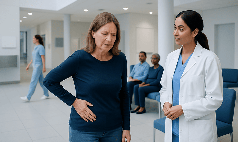 Woman experiencing pain consults with a healthcare professional in a hospital.