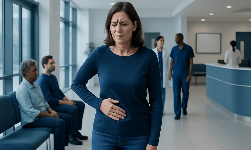 Woman experiencing abdominal pain in a hospital waiting area.