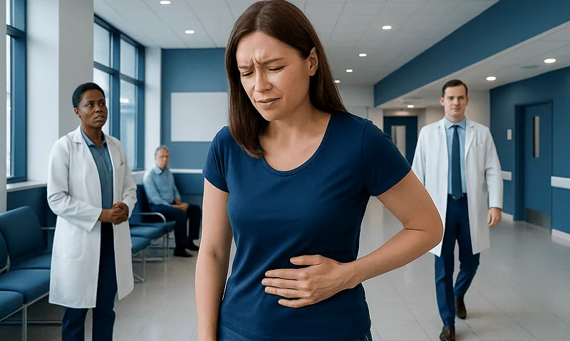 Woman experiencing abdominal pain in hospital corridor with medical staff nearby.