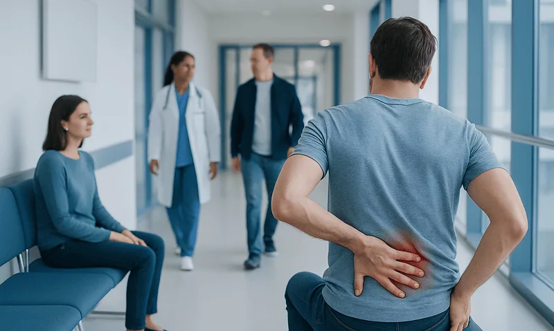 Patient experiencing lower back pain in hospital corridor with medical staff nearby.