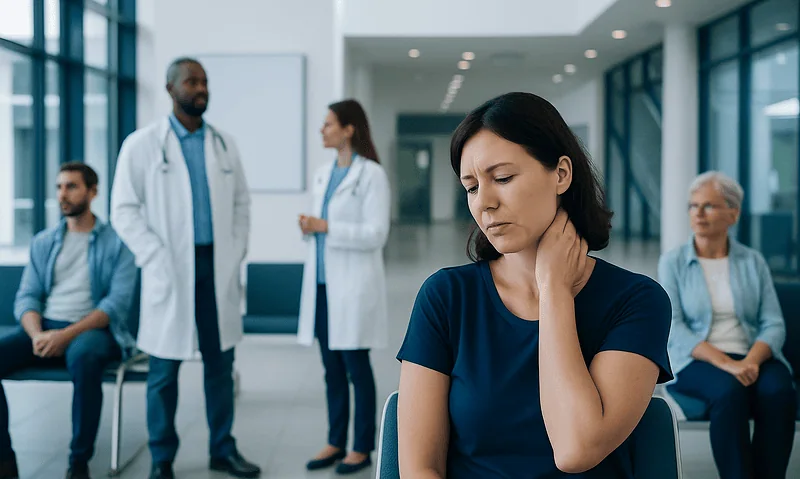 Woman with neck pain in a hospital waiting area with doctors and patients.