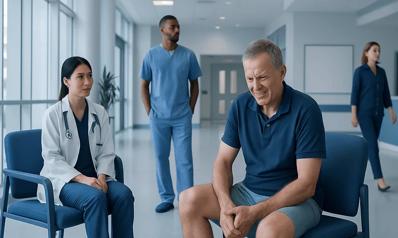 Patient experiencing leg cramps in a hospital waiting area with medical staff nearby.