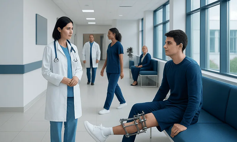 Patient with leg braces consulting with doctor in hospital corridor.