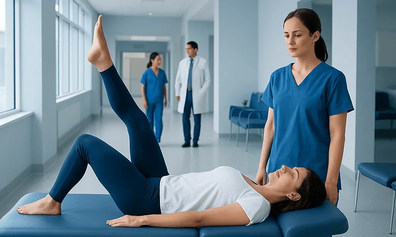 Physical therapy session with a patient doing leg lifts in a hospital setting.