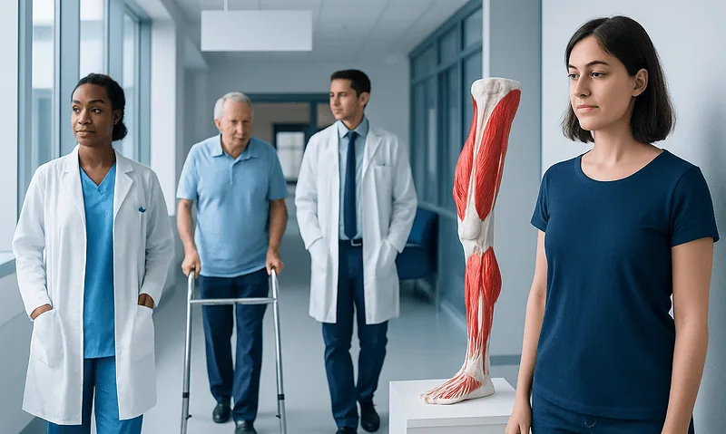 Medical professionals and patient examining leg muscle model in hospital corridor.