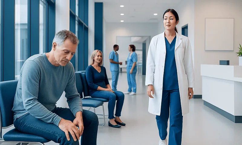 Patients waiting in a modern hospital corridor with medical staff present.