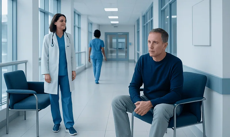 Patient waiting in hospital corridor with medical staff nearby.