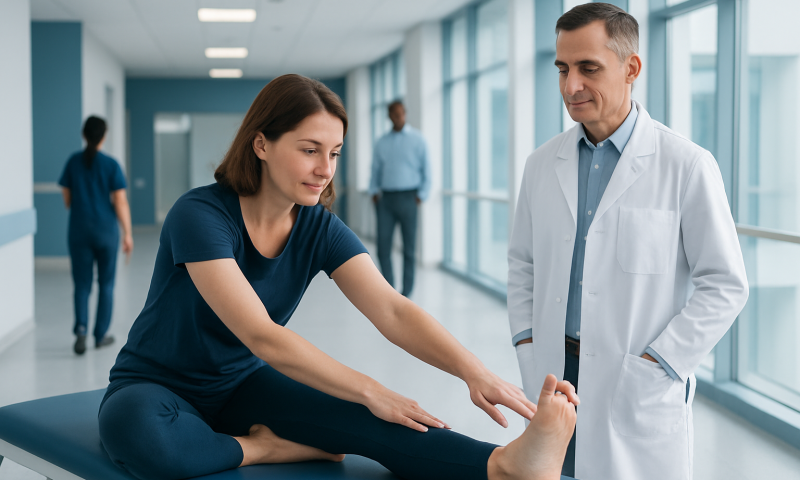 Physiotherapist assisting patient with leg stretch in hospital corridor.