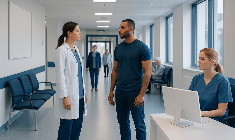 Hospital staff and patient engaging in conversation in a modern healthcare facility.