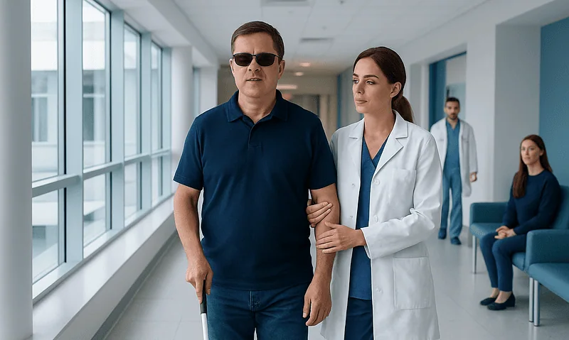 Patient with visual impairment walking with nurse in hospital corridor.