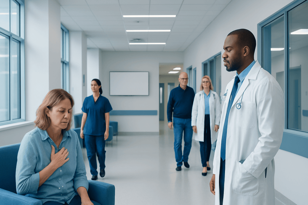 Legionnaires Disease: Diagnosis, Outlook, and Modern Treatment Approaches 1 Doctor consulting patient in hospital corridor with medical staff in background.