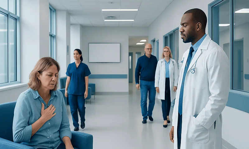 Doctor consulting patient in hospital corridor with medical staff in background.
