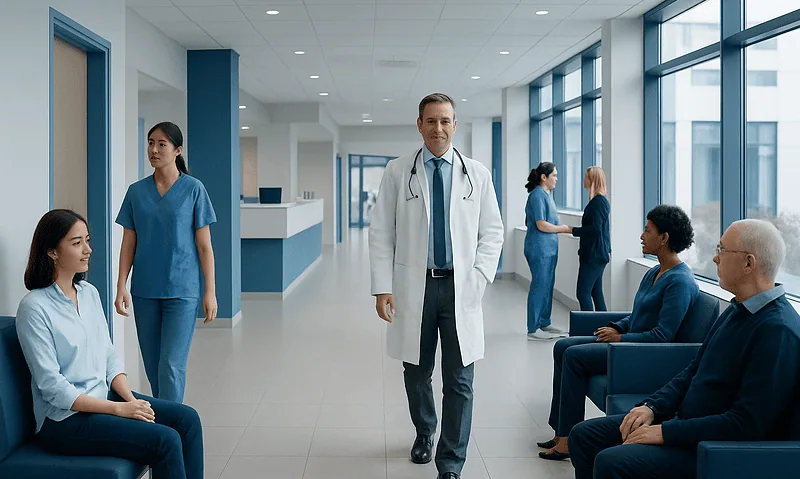 Doctors and patients in a modern hospital corridor.