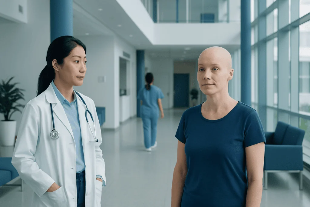 Understanding Leiomyosarcoma: A Complete Patient Guide 1 Doctor and patient having a conversation in hospital corridor.