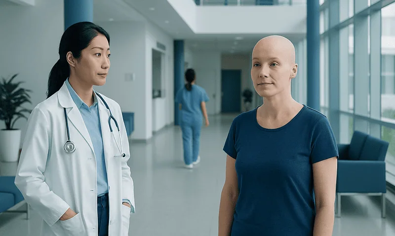Doctor and patient having a conversation in hospital corridor.