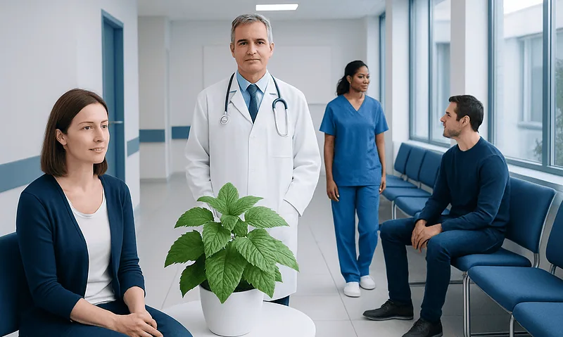 Medical professionals and patients in a hospital corridor at Acibadem Hospitals Group.