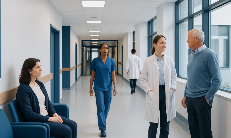 Healthcare professionals and patient in hospital corridor.