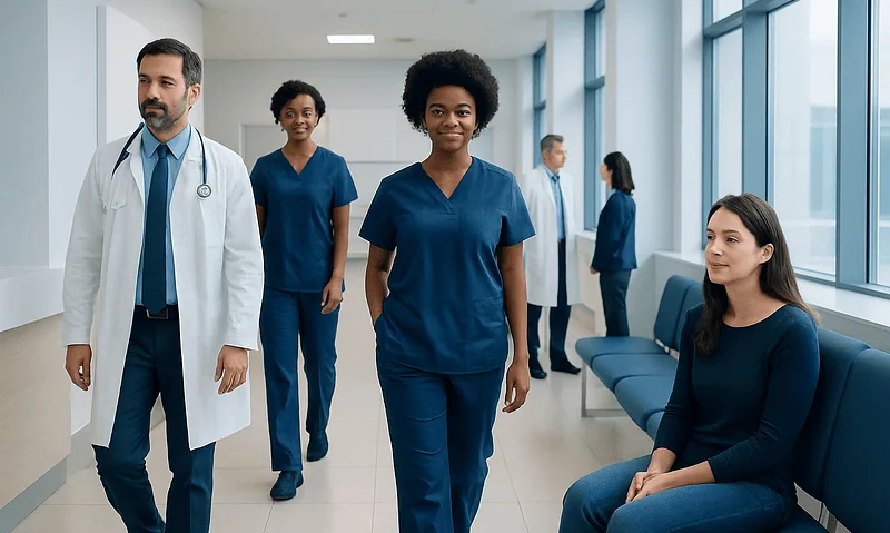 Healthcare professionals and patient in hospital corridor at Acibadem Hospitals Group.
