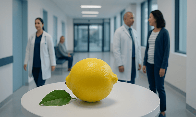 Lemon on a table in a hospital corridor with medical staff in the background.