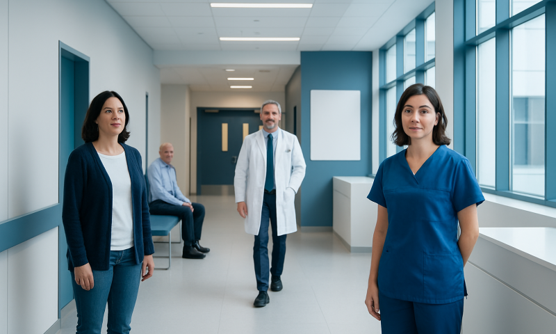 Healthcare professionals in a hospital corridor with large windows and natural light.