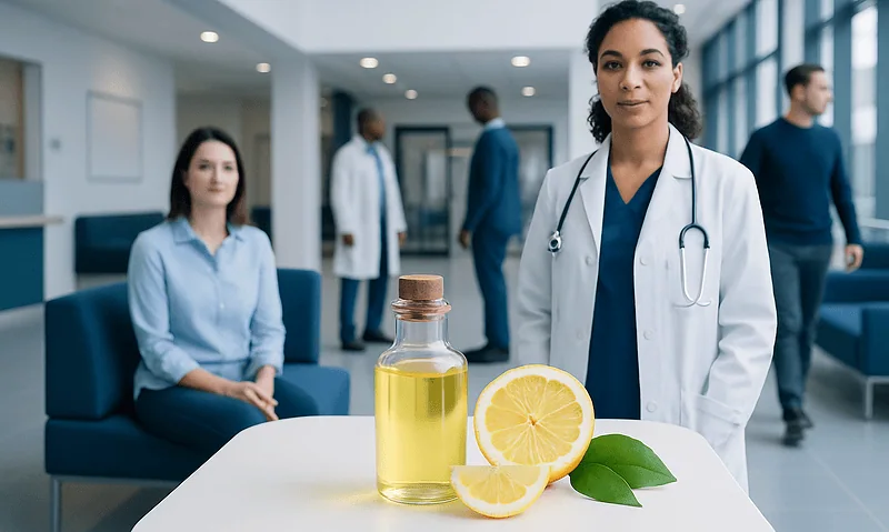 Doctor with lemon oil and lemon slices in a hospital setting.