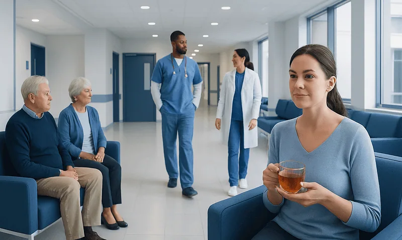 Hospital waiting area with elderly patients and healthcare professionals.