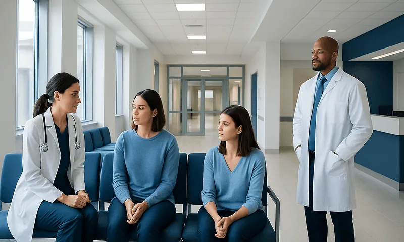 Medical consultation in hospital with doctor and patients.
