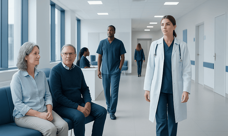 Healthcare professionals and patients in a modern hospital corridor.
