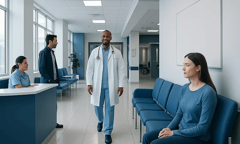 Doctor walking in hospital corridor with patients waiting nearby.